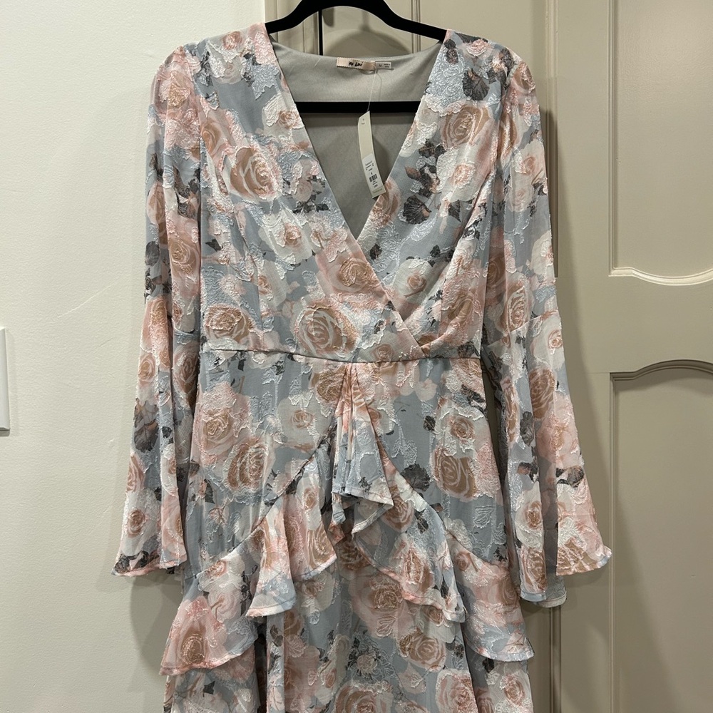 Miami Pink and Gray Long Sleeve Ruffled Dress
